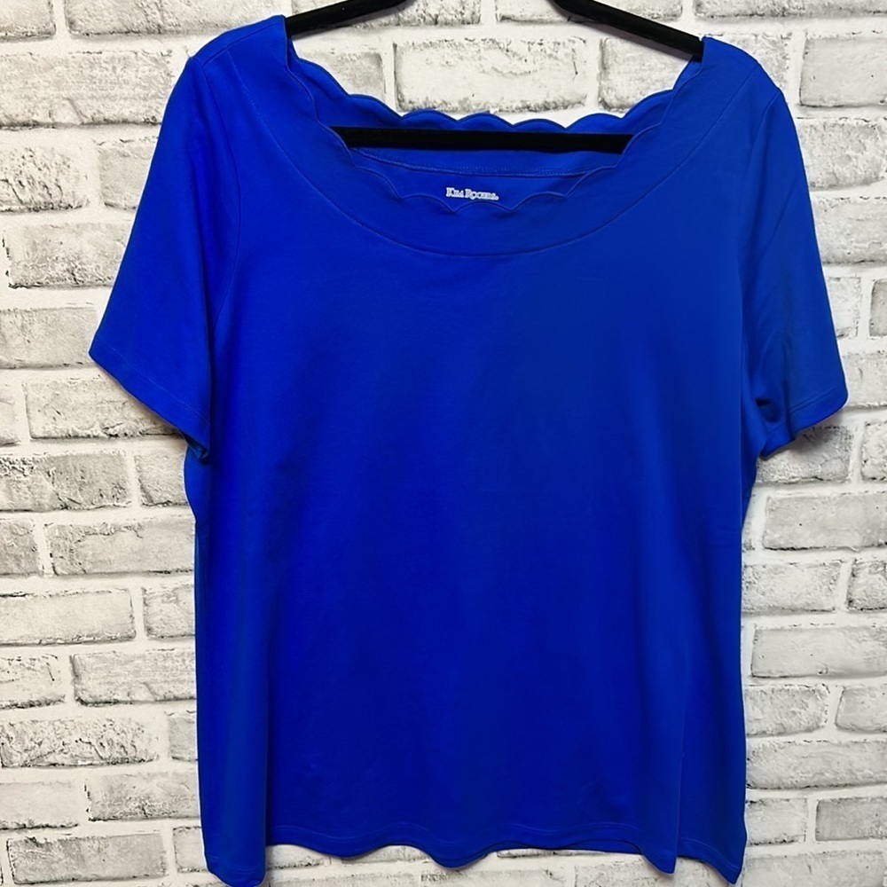 Kim Rogers Royal Blue Shirt Sleeve Top, Size XL, Scalloped Neckline